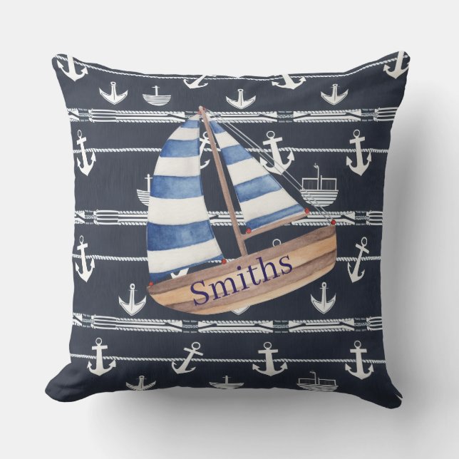 Nautical Sailboat & Anchor Navy Blue Cushion (Front)
