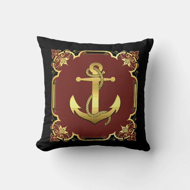 Nautical sailboat anchor silhouette/gold/red/black cushion (Front)