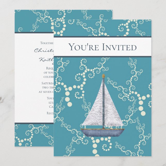 Nautical Sailboat and Swirling Water Wedding Invitation (Front/Back)