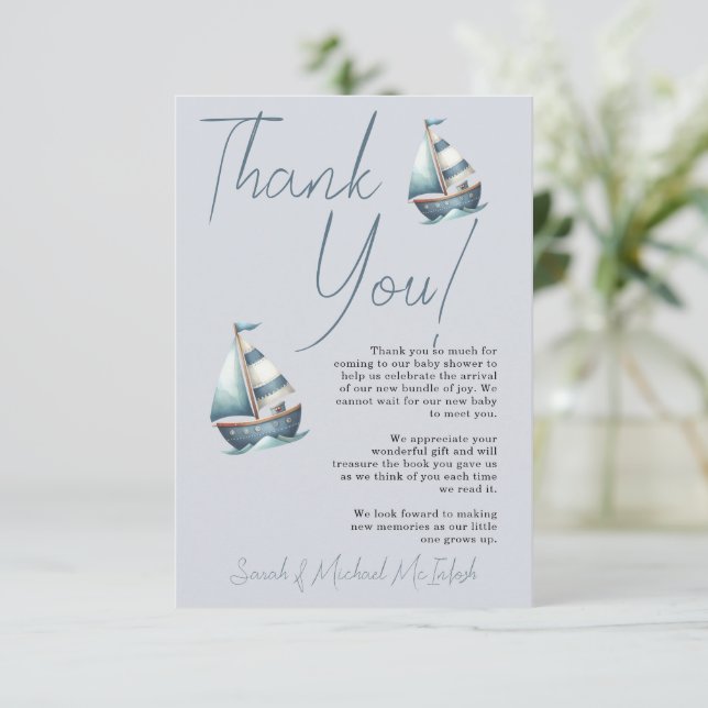 Nautical Sailboat Baby Shower Thank You Card (Standing Front)