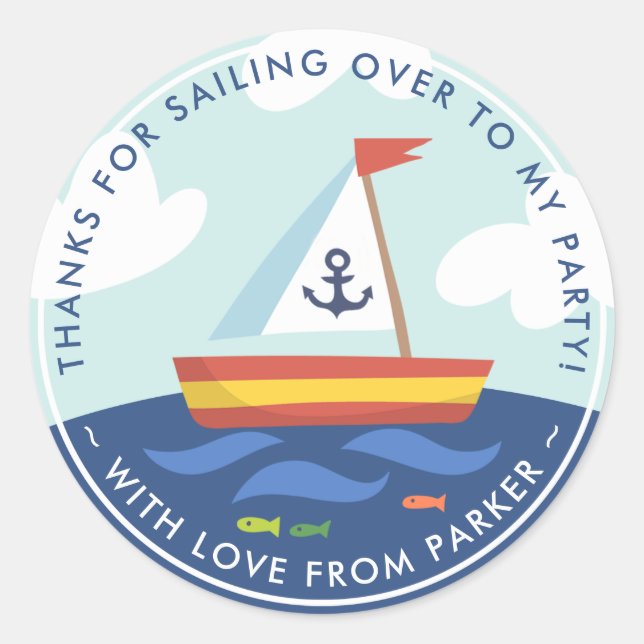 Nautical Sailboat Birthday Thank You Favour Classic Round Sticker (Front)