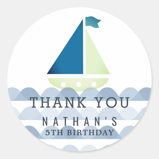 Nautical Sailboat Blue Boy Birthday Thank You Classic Round Sticker (Front)