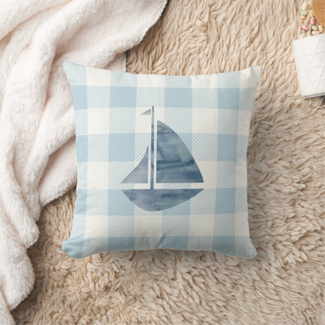 Nautical Sailboat Blue Gingham Check Cushion (Blanket)