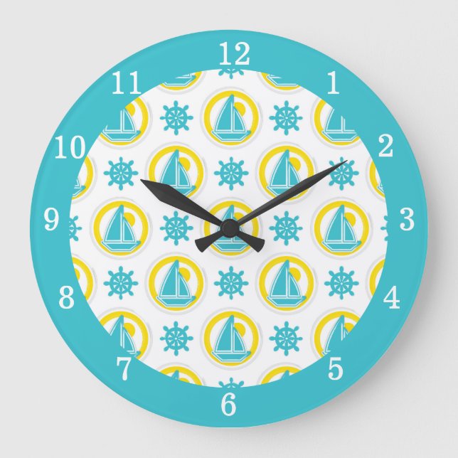 Nautical Sailboat Blue Yellow Ocean Lake House Large Clock (Front)