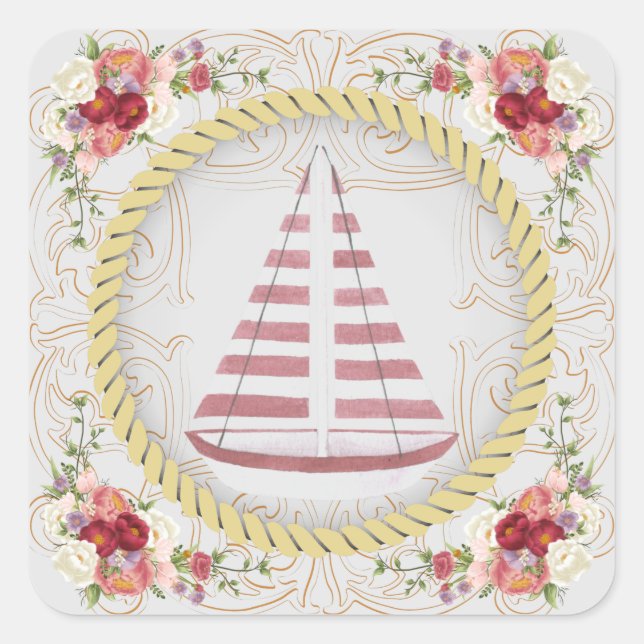 Nautical Sailboat & Floral Roseate Square Sticker (Front)