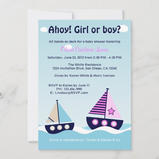 Nautical Sailboat Gender Reveal Gender Neutral Invitation (Front)