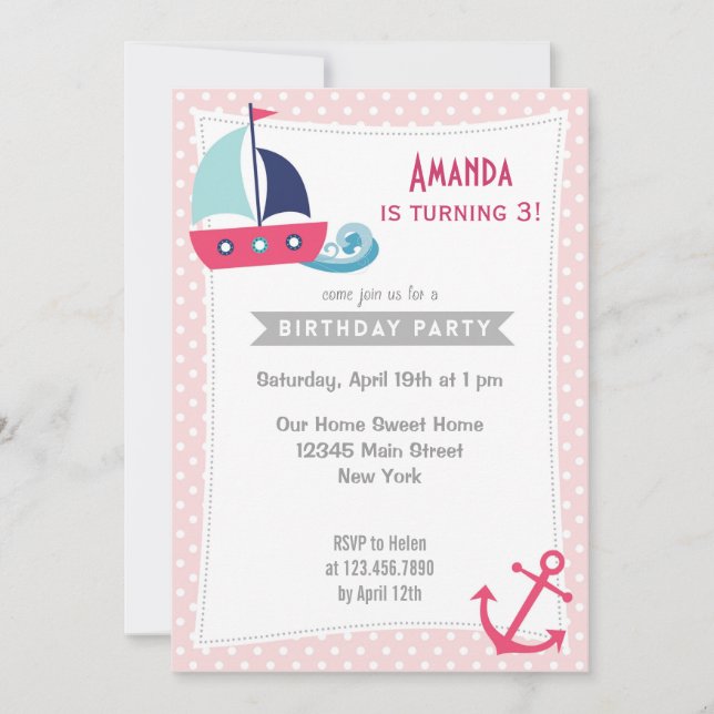 Nautical Sailboat Girl Birthday Invitation Pink (Front)