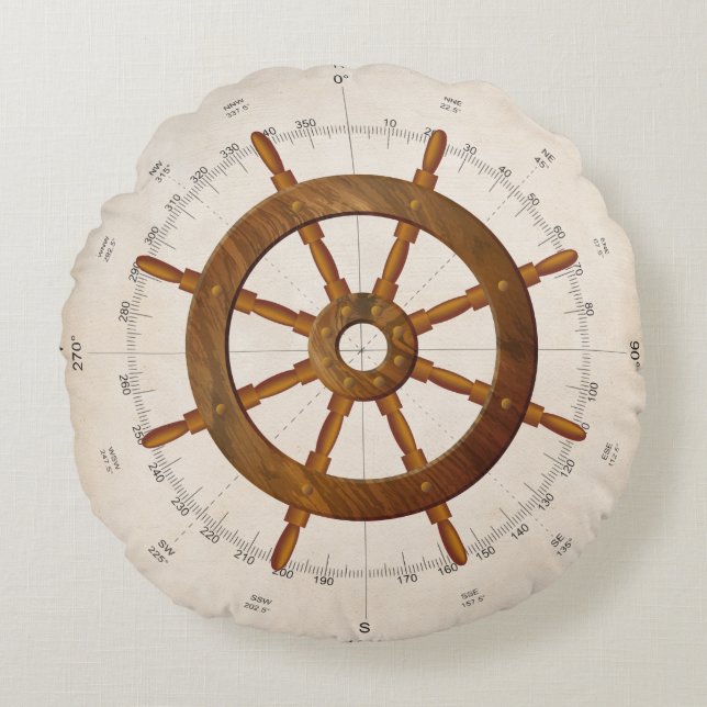 Nautical Sailboat Helm with Compass Round Cushion (Front)