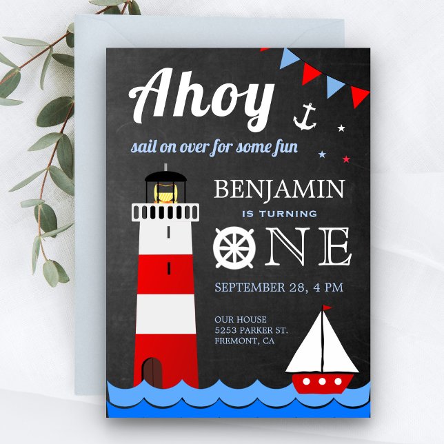 Nautical Sailboat Lighthouse First Birthday Party Invitation (Creator Uploaded)