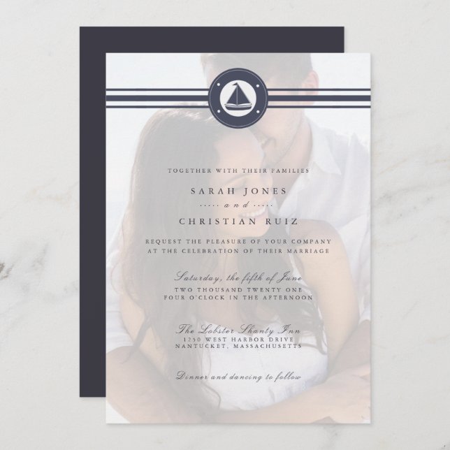 Nautical Sailboat Navy Blue Photo Wedding  Invitation (Front/Back)