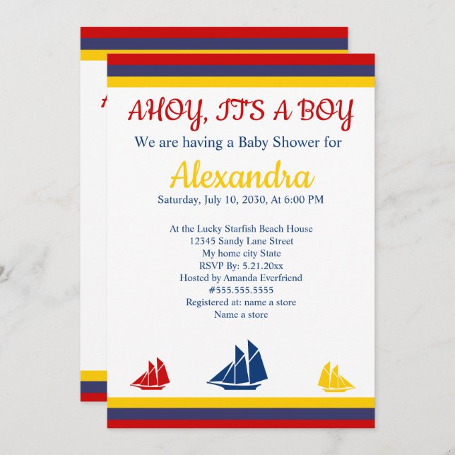 Nautical Sailboat Navy Blue Yellow Red Baby Shower Announcement (Front/Back)