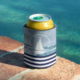 Nautical/sailboat/ocean waves/navy-blue/stripes can cooler