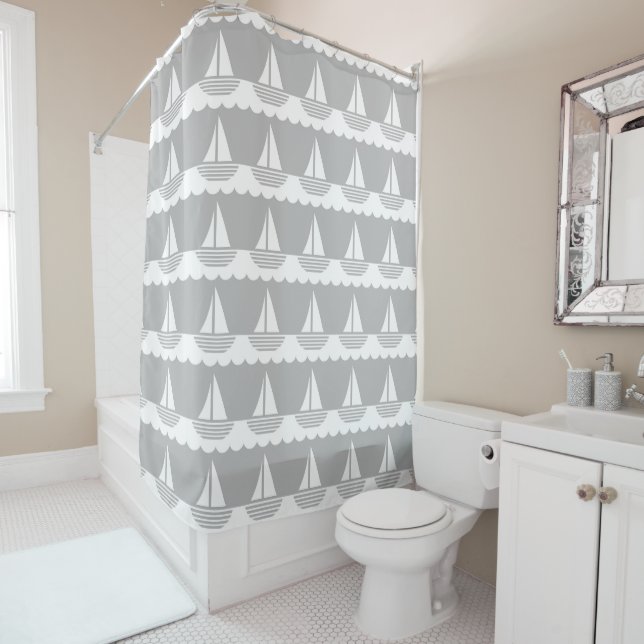Nautical Sailboat Pattern Grey and White Shower Curtain (In Situ)
