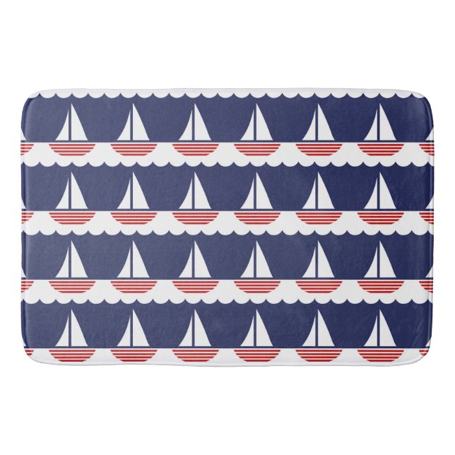 Nautical Sailboat Pattern Navy Blue and Red Bath Mat (Front)