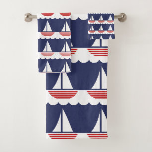 Nautical Sailboat Pattern Navy Blue and Red Bath Towel Set