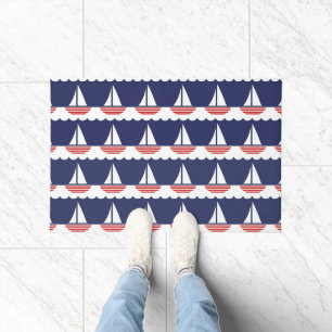 Nautical Sailboat Pattern Navy Blue and Red Doormat