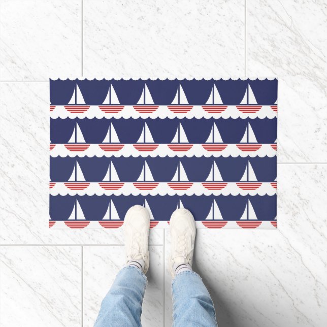 Nautical Sailboat Pattern Navy Blue and Red Doormat (Indoor)