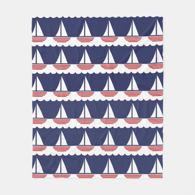 Nautical Sailboat Pattern Navy Blue and Red Fleece Blanket (Front)