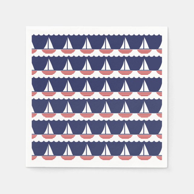 Nautical Sailboat Pattern Navy Blue and Red Napkin (Front)