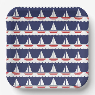 Nautical Sailboat Pattern Navy Blue and Red Paper Plate
