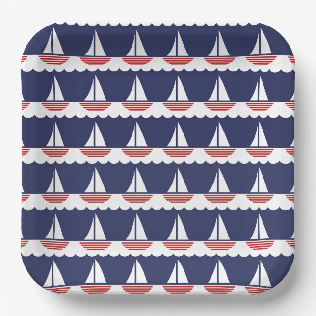 Nautical Sailboat Pattern Navy Blue and Red Paper Plate (Front)