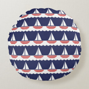 Nautical Sailboat Pattern Navy Blue and Red Round Cushion