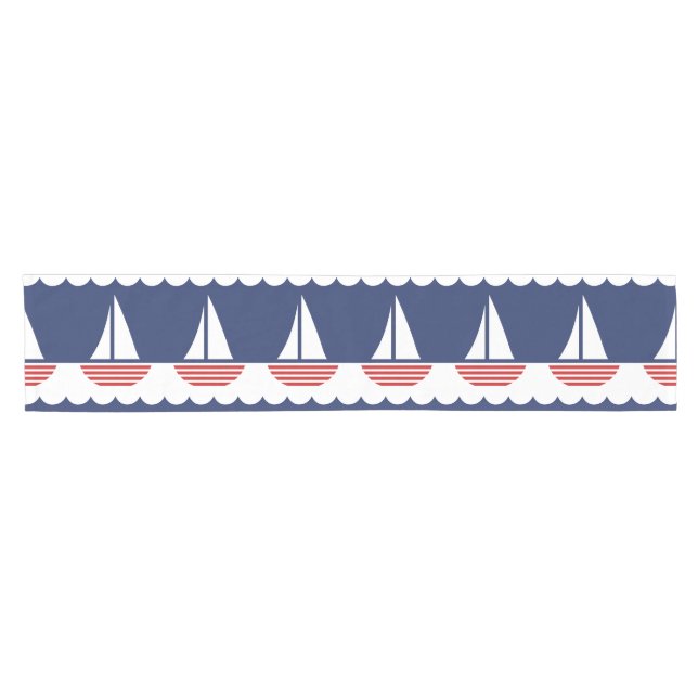 Nautical Sailboat Pattern Navy Blue and Red Short Table Runner (Horizontal)