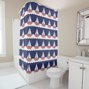 Nautical Sailboat Pattern Navy Blue and Red Shower Curtain