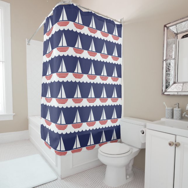 Nautical Sailboat Pattern Navy Blue and Red Shower Curtain (In Situ)