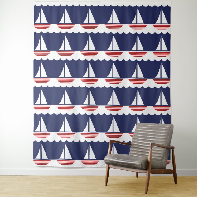 Nautical Sailboat Pattern Navy Blue and Red Tapestry (In Situ)