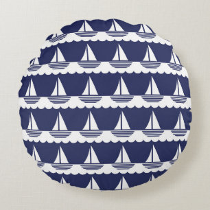Nautical Sailboat Pattern Navy Blue and White Round Cushion