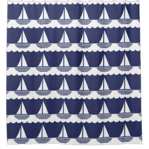 Nautical Sailboat Pattern Navy Blue and White Shower Curtain