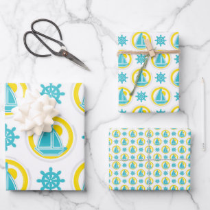 Nautical Sailboat Pattern Ocean Beach Yellow Blue Wrapping Paper Sheet