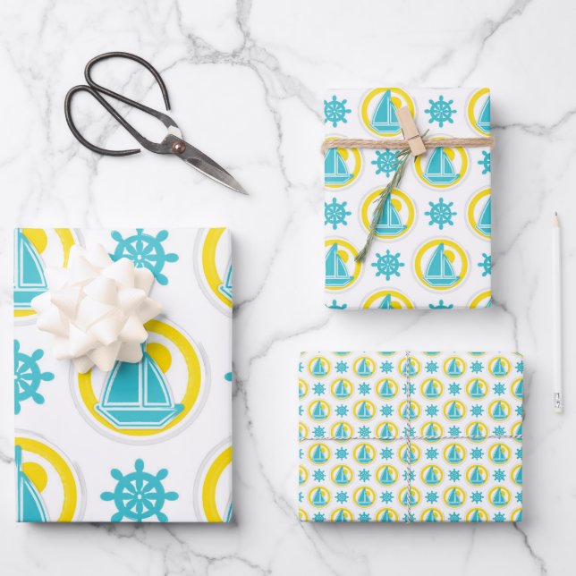 Nautical Sailboat Pattern Ocean Beach Yellow Blue Wrapping Paper Sheet (Front)