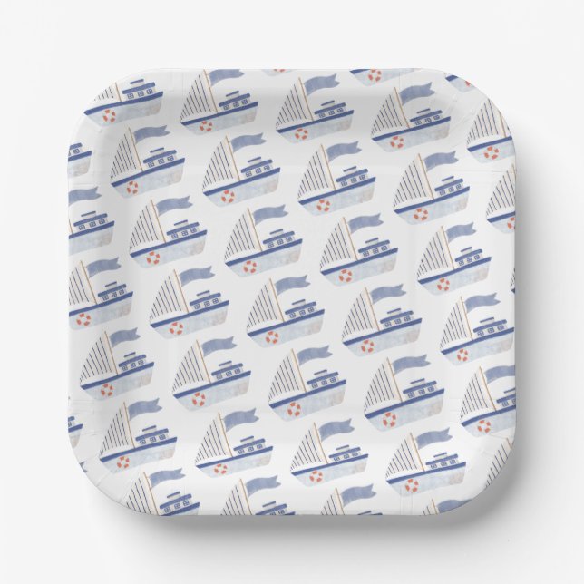 Nautical Sailboat Pattern Paper Plate (Front)