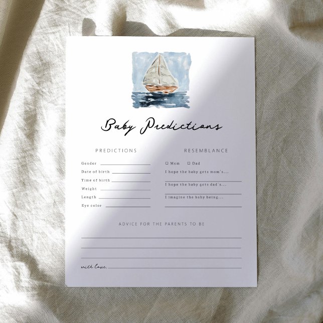 Nautical Sailboat Predictions Baby Shower Game  (Nautical watercolor sailboat chic baby shower baby predictions game.)