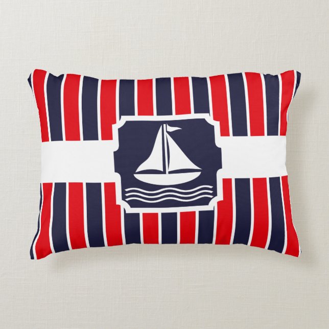 Nautical Sailboat Red | Blue Stripes Pattern Decorative Cushion (Front)