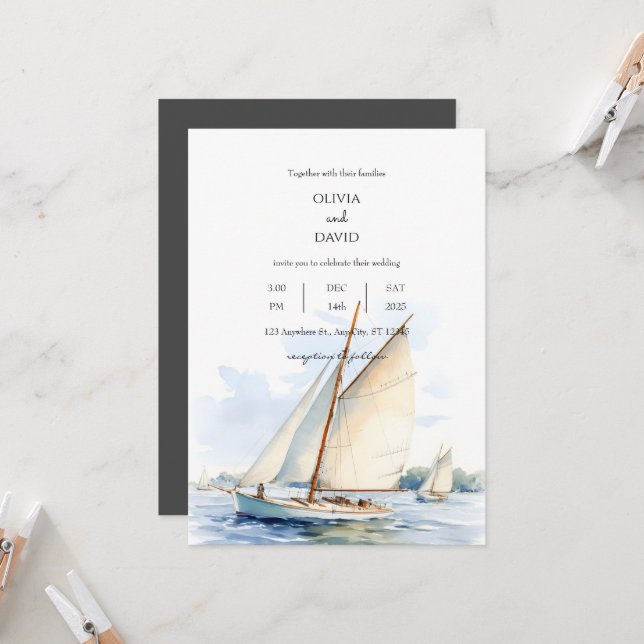 Nautical Sailboat Regatta On Serene Ocean, Wedding Invitation (Front/Back In Situ)