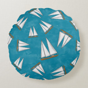 Nautical Sailboat Sailing Adventure Blue Round Cushion