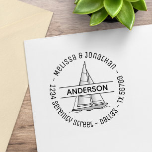 Nautical Sailboat Sailing Boat Yacht Round Address Rubber Stamp