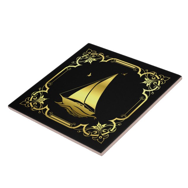 Nautical sailboat sailing silhouette/gold/black ceramic tile (Side)