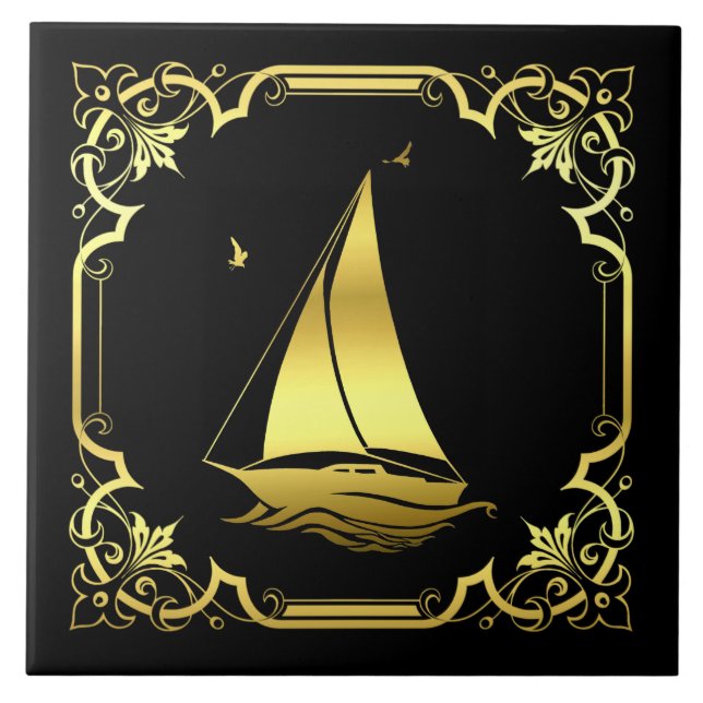 Nautical sailboat silhouette/gold/black ceramic tile (Front)