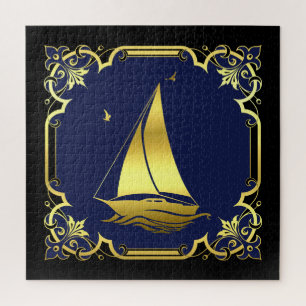 Nautical sailboat silhouette/gold/black/navy jigsaw puzzle