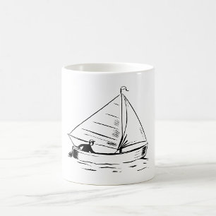 Nautical Sailboat Sketch White Ink Ocean Coffee Mug