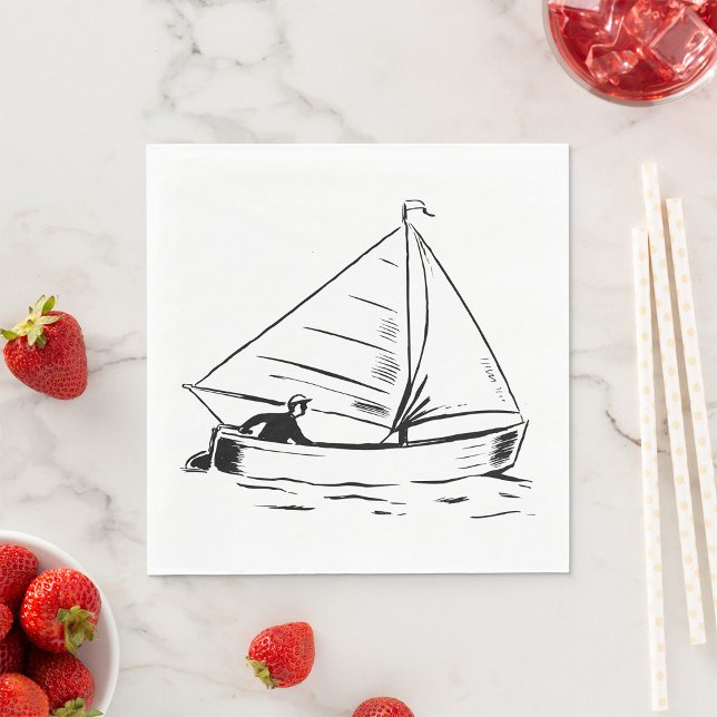 Nautical Sailboat Sketch White Ink Ocean Napkin (Creator Uploaded)
