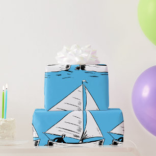 Nautical Sailboat Sketch White Ink Ocean Wrapping Paper