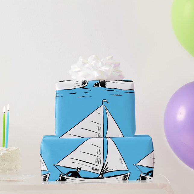 Nautical Sailboat Sketch White Ink Ocean Wrapping Paper (Creator Uploaded)