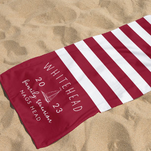 Nautical Sailboat Stripe Red Monogram Beach Towel