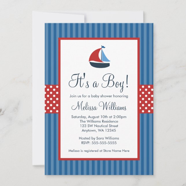 Nautical Sailboat Stripes Baby Shower Invitations (Front)