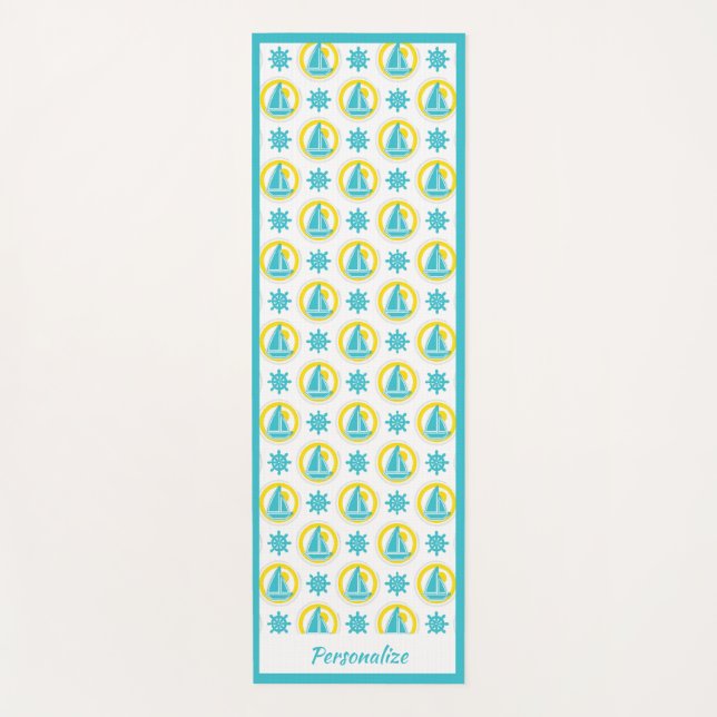 Nautical Sailboat Teal Yellow Zen Yoga Namaste Yoga Mat (Front)